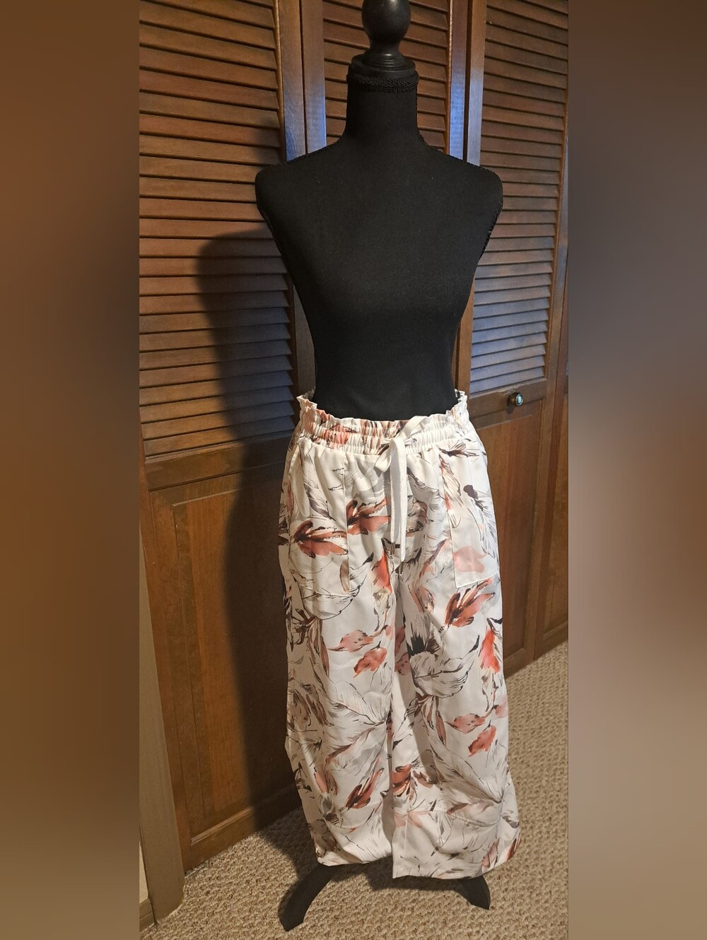 Wide Leg Floral Print Pants - White with Coral & Brown